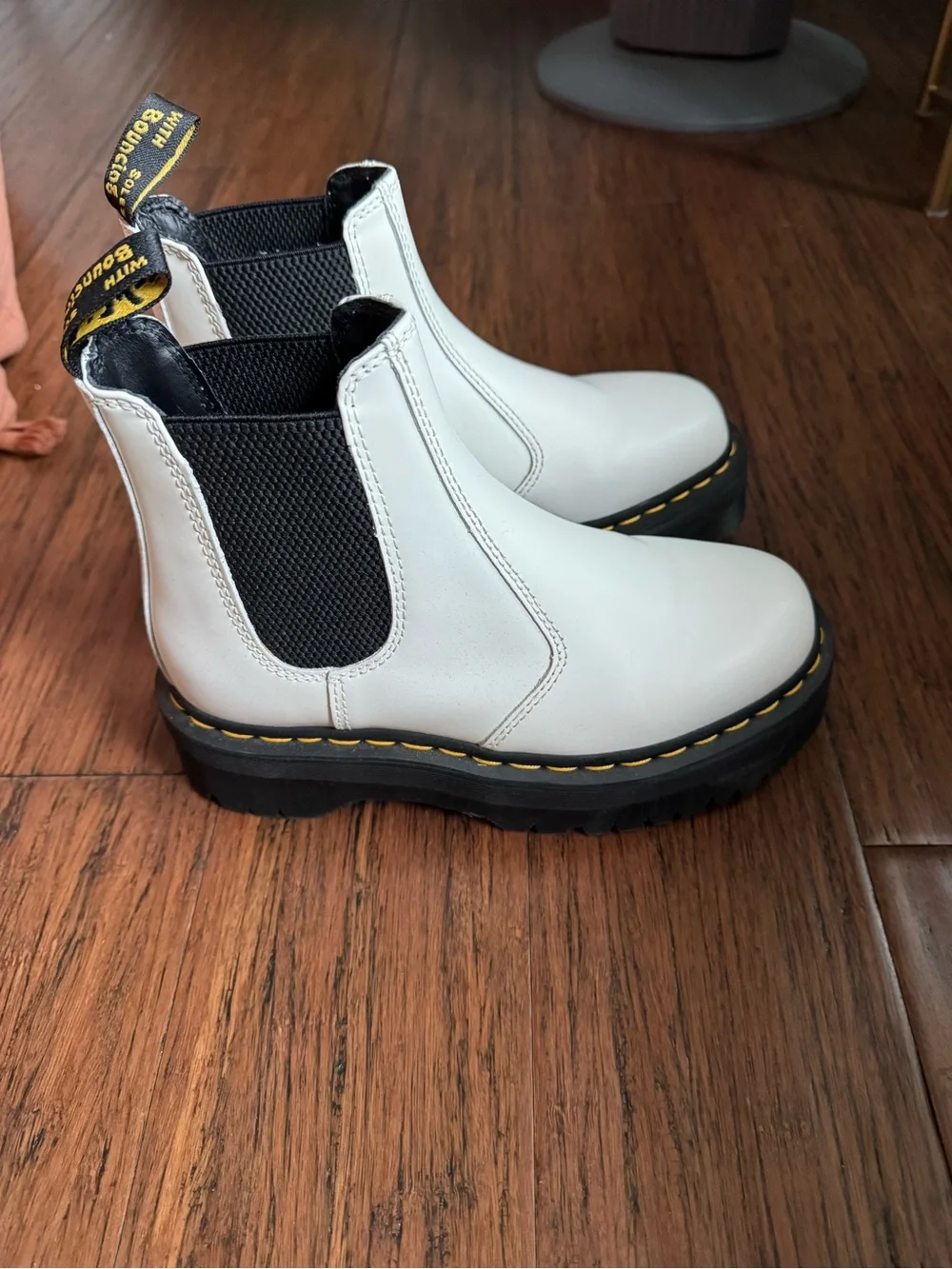 Dr. Martens White Kids Chelsea Boots with Black Elastic and Yellow Stitching